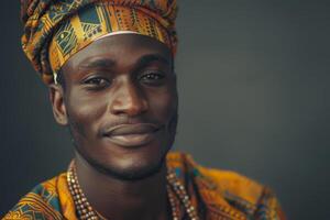 A young man displays a warm smile while dressed in vibrant traditional African clothing, showcasing cultural pride and identity against a neutral backdrop photo