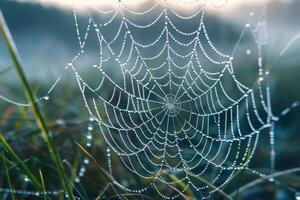 Delicate strands of a spider web are adorned with shimmering drops of dew in a serene meadow during the early morning light, capturing nature's beauty photo