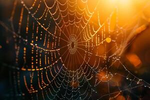 Morning sunlight highlights a intricate spider web adorned with glistening droplets of dew, creating a captivating display in a tranquil forest setting photo