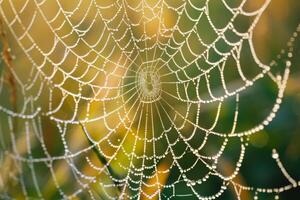 In the early morning light, a beautifully woven spider web is adorned with sparkling droplets of dew, creating a striking contrast against the lush greenery surrounding it photo