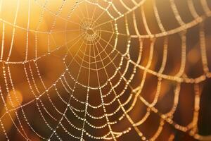 A intricately woven spider web captures sparkling droplets of dew, illuminated by the soft golden sunlight during the early morning hours in a serene natural setting photo
