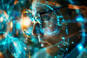 An individual, wearing glasses, focuses intently on a futuristic digital interface filled with glowing graphics and data elements, highlighting advanced technology in action photo