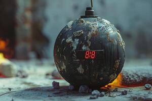 The countdown explosive device displays a digital timer and is positioned among rubble, suggesting a tense situation in a deserted urban area during twilight hours photo