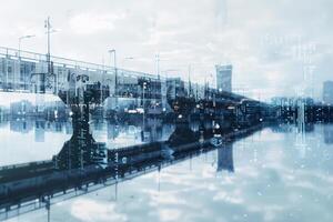 A bridge stretches across the water, its reflection visible in the calm surface. Digital elements create a futuristic feel against the cloudy urban backdrop photo