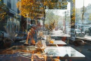 Sunlight filters through the cafe windows, highlighting drinks on a table among soft reflections of autumn leaves and city life outside, creating an inviting atmosphere photo