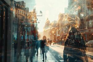 Pedestrians walk through a lively urban area, illuminated by the warm glow of the setting sun, creating a dynamic atmosphere filled with reflections photo