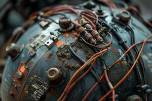 A close-up view reveals the intricate details of an aged electronic device, featuring rusted metal, exposed wires, and various components in a gritty industrial environment photo