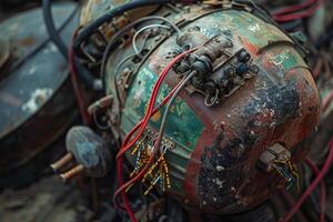 A close view reveals a weathered mechanical component with colorful wiring, showcasing signs of rust and wear found in a scrap yard under natural light photo