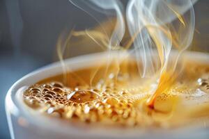 A steaming cup of coffee rests on a table, showcasing rising bubbles and wisps of steam. The warm, inviting atmosphere suggests a morning ritual in a cafe photo