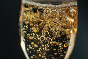 The glass of sparkling champagne showcases countless bubbles rising to the surface, creating an elegant and festive appearance against a dark backdrop photo