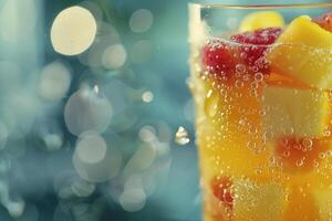 A colorful mix of raspberries and mango pieces is immersed in a fizzy drink, creating an appetizing visual perfect for summer gatherings photo