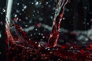 A rich red wine is being poured into a glass, creating bubbles and splashes. The dark background emphasizes the vibrant color and movement of the liquid photo