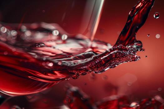 Liquid ruby red swirls dynamically within the glass, capturing light and movement. The deep color contrasts with a dark backdrop, emphasizing the art of pouring photo
