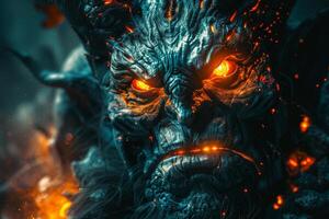 A powerful demon with textured skin and intense glowing eyes rises from the flames, surrounded by a mystical, dark forest illuminated with orange hues photo