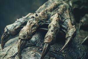A detailed look at the claw of a fantastical beast lying on a rough surface, showcasing its terrifying features and texture in a moody, dark atmosphere perfect for horror themes photo