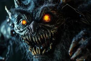 In a dimly lit environment, a grotesque creature displays sharp teeth and luminous orange eyes. Its textured fur and intricate details create an ominous and captivating presence photo