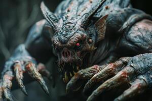 A terrifying creature with sharp claws and glowing red eyes stands menacingly among the shadows of a dimly lit forest. Its grotesque features create an unsettling atmosphere photo