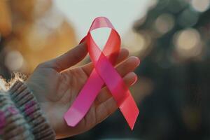 A hand gripping a bright pink ribbon signifies support for breast cancer awareness. The setting features soft sunlight filtering through colorful trees photo