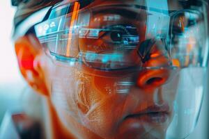 A dedicated professional examines complex digital data displayed through augmented reality glasses, immersed in a high-tech work environment photo