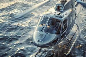 A helicopter glides smoothly over reflective water as the sun rises, highlighting its modern features and the tranquil surroundings that envelop it photo