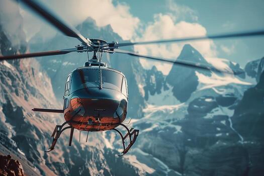 A helicopter flies above rugged mountain peaks, surrounded by breathtaking scenery and clear blue skies, highlighting an adventure in the great outdoors photo