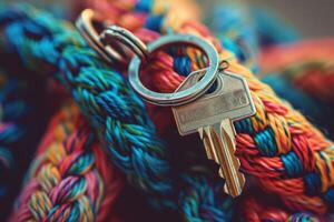 A silver key is attached to a colorful braided rope, highlighting intricate weaving and a blend of vivid hues, creating a dynamic and engaging visual photo