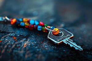 A close view of a metallic key adorned with vibrant, colorful beads. It is placed on a textured surface with soft lighting creating an artistic effect photo