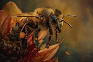 A honeybee is perched on a colorful flower, diligently gathering pollen in the warm light of the afternoon. The intricate details of its wings and body are visible photo