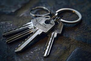 A collection of various keys lies on a dark, textured surface, highlighting their metallic shine and intricate details, capturing the essence of everyday objects in low light photo