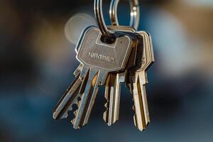 A collection of shiny metal keys is visible on a keyring, glinting in natural light while set against a softly blurred backdrop, creating a sense of depth photo