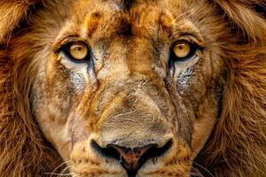 The powerful lion gazes directly at the viewer, revealing its intense golden eyes and a thick mane. Sunlight highlights the lion's features, creating an awe-inspiring moment in nature photo