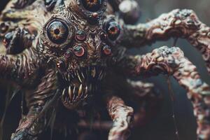 The creature features numerous eyes and menacing fangs, emerging from shadows. Its grotesque appearance adds to the eerie atmosphere of the dimly lit environment photo