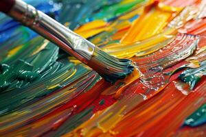 A close-up view of a brush applying rich paint colors to a palette, showcasing a swirl of vibrant reds, greens, yellows, and blues, perfect for artistic expression photo