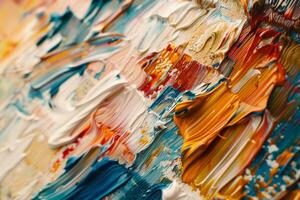 A richly textured abstract artwork displays bold colors and intricate brush strokes, inviting viewers to explore its vibrant patterns and layers of paint photo