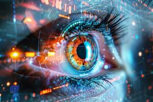 The image showcases a detailed close-up of a human eye illuminated by colorful digital data overlays. The vibrant patterns suggest a connection to technology and data photo