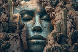 A calm visage is formed from cracked stone and nestled among tall cacti, under a sky filled with clouds that complement this captivating landscape photo