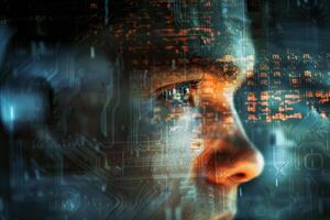 The individual gazes intently while illuminated by glowing digital elements and circuitry, embodying the fusion of human insight and advanced technology in a modern environment photo