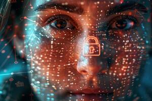 A young woman focuses on digital data streams filled with security icons, indicating a technological environment. The moment reflects themes of privacy and information security photo