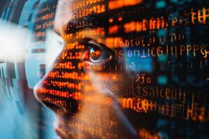 An individual is deeply engaged in analyzing vibrant digital code that reflects on their face, showcasing a tech-driven environment filled with information photo