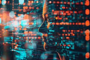 A silhouette of a person's profile is overlaid with vibrant digital data and glowing elements, illustrating the intersection of technology and humanity in a modern context photo