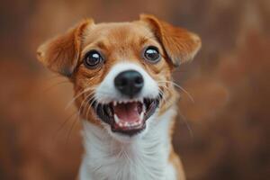 A cheerful dog displays its playful personality with a wide smile and sparkling eyes in a close-up shot, showcasing its furry coat and lively demeanor photo