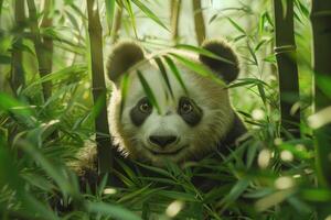 A young panda relaxes amidst dense bamboo, playing with leaves while the warm sunlight filters through the greenery, creating a tranquil atmosphere photo