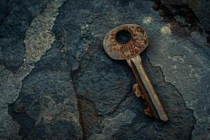 A weathered, rusty key rests on a rugged stone surface, showcasing intricate textures and colors illuminated softly by natural light, evoking a sense of nostalgia photo