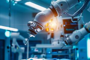 A robotic surgical arm is skillfully engaged in a delicate procedure, showcasing precision technology in a state-of-the-art operating room filled with medical instruments photo