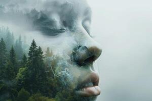Nature merges with human essence as a woman's face softly overlays a dense forest, creating a tranquil visual narrative in the mist of dawn photo