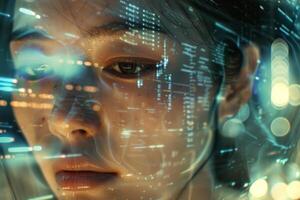 A young individual concentrates on a transparent digital display filled with luminous data and numbers, reflecting a sense of curiosity and wonder in a modern environment photo