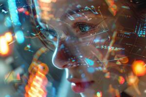 A young woman is deeply engaged in analyzing complex data visualizations displayed on a digital interface, showcasing her analytical abilities and concentration photo