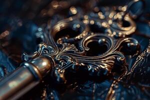 An ornate antique key lies on a richly textured dark surface, highlighting its exquisite craftsmanship and elegant design features, evoking a sense of history and mystery photo