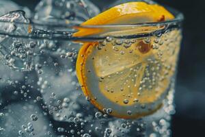 A close-up view of a glass filled with sparkling water, ice cubes, and vibrant lemon slices. Bubbles rise, creating a refreshing look perfect for warm days photo