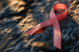 The vibrant red ribbon rests gently on a textured dark surface, catching light in a way that emphasizes its significance in promoting awareness for various causes photo